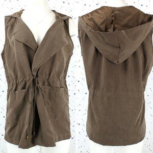 Hooded Draped Open Front Vest Olive